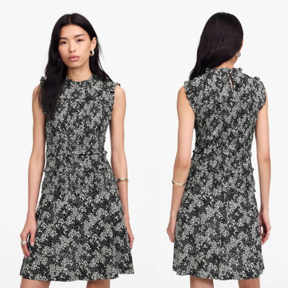 Madewell Smocked Crewneck Mini Dress NU575 Harper Floral Black White Size 4 NWT